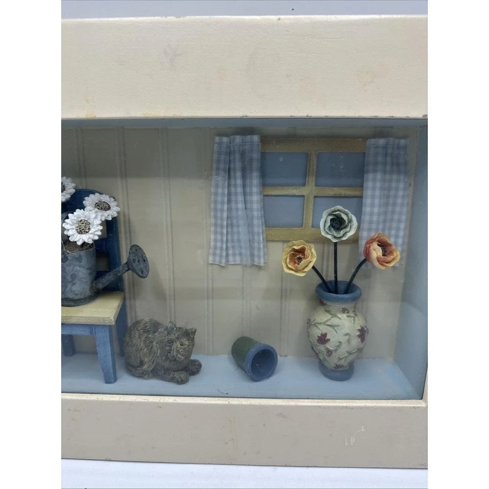 Wood And Glass Shadow Box Cozy Cat Table And Flowers 15-3/4